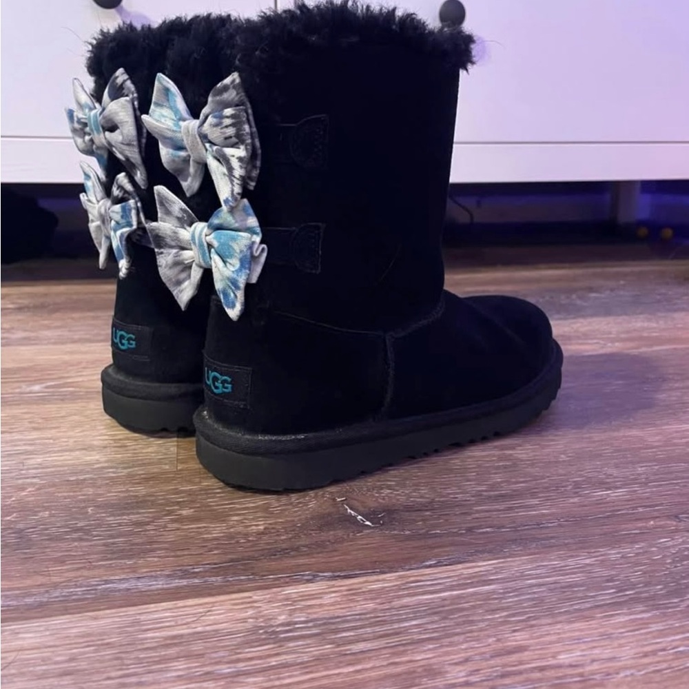UGG Black Boots with Blue Bow Accents